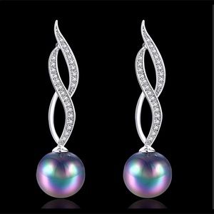 Platinum Faux Black Pearl and CZ Earrings